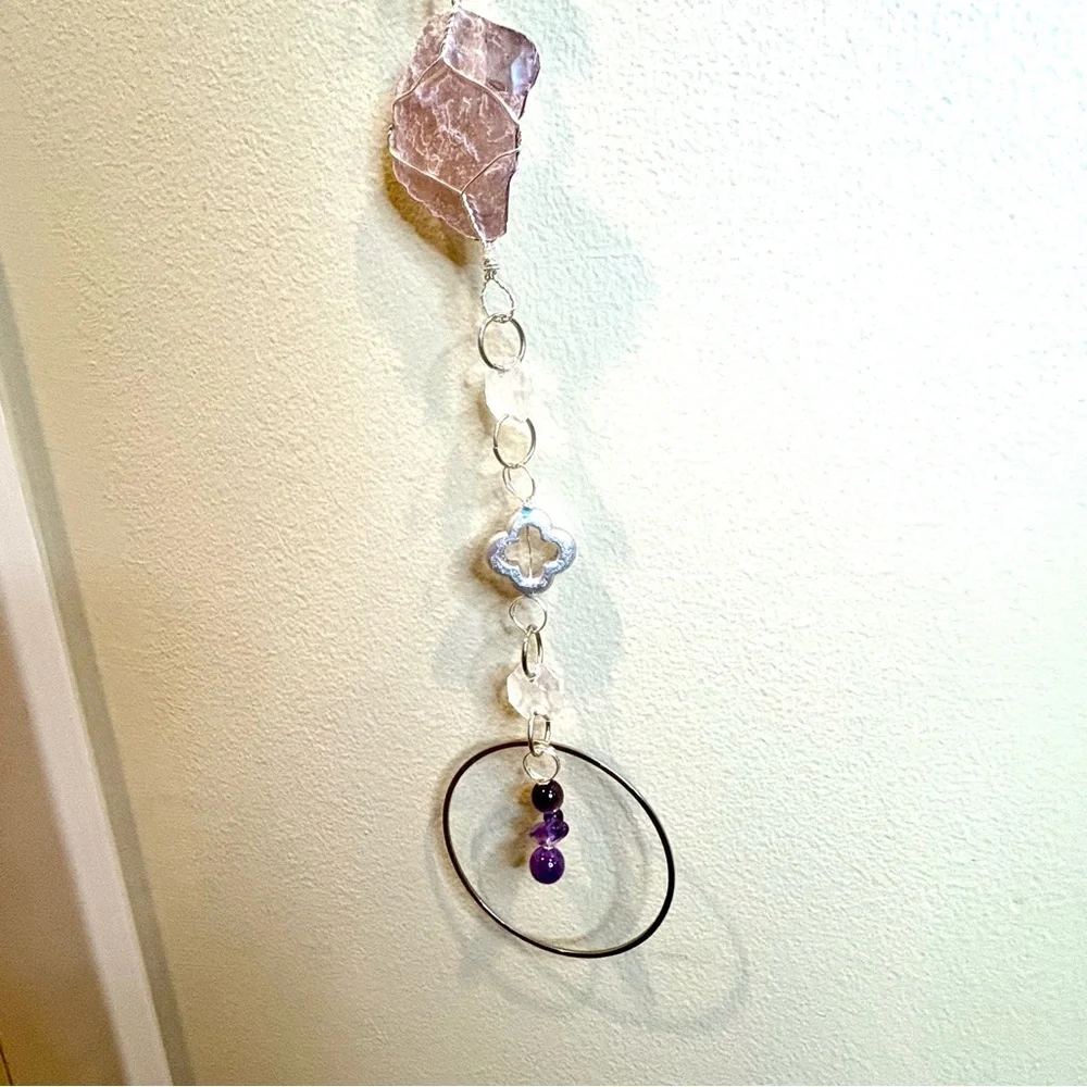 Handmade One of a Kind Gemstone Wall Hanging Lepidolite & Amethyst
